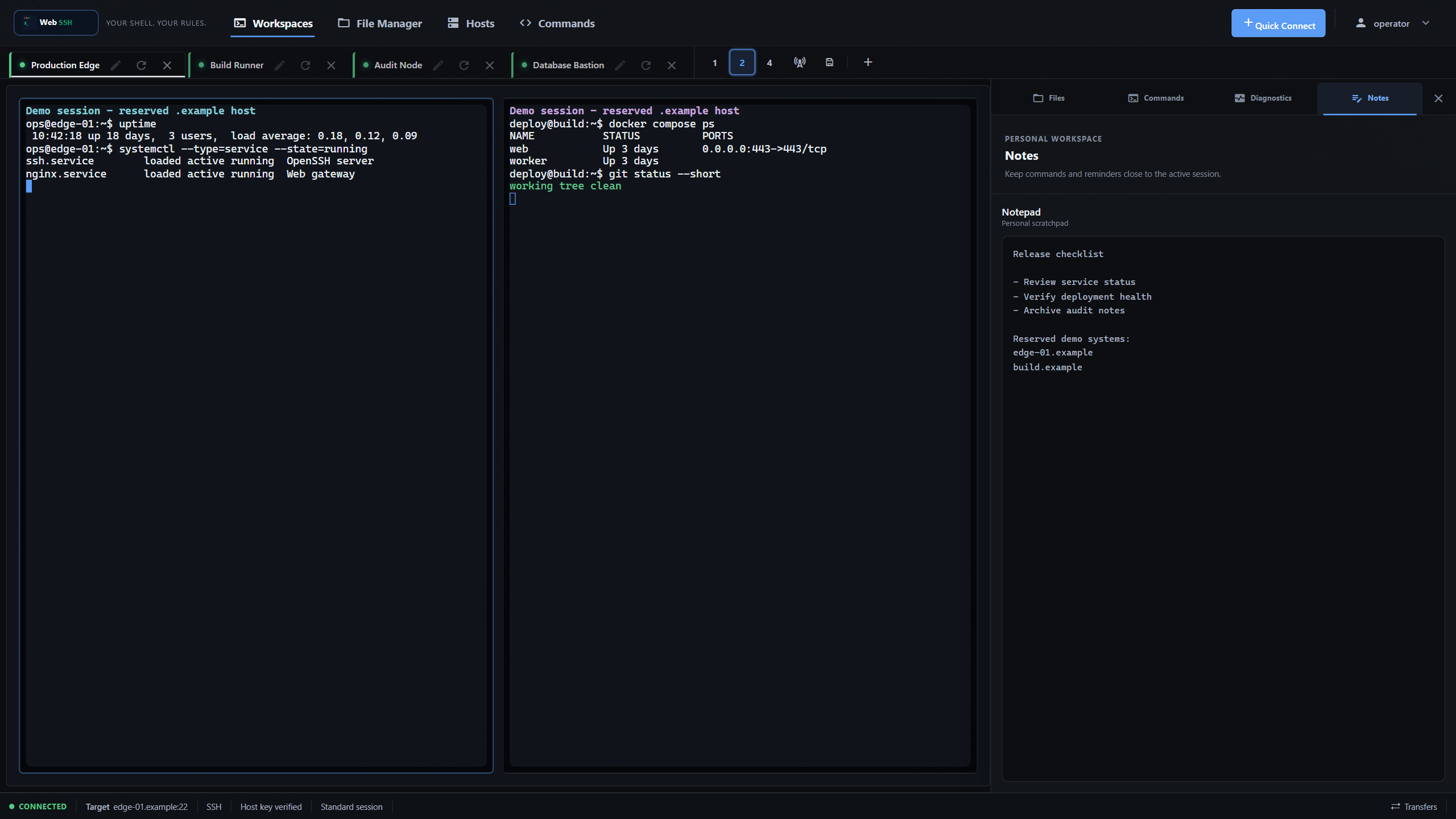 Two WebSSH terminal panes showing separate remote sessions