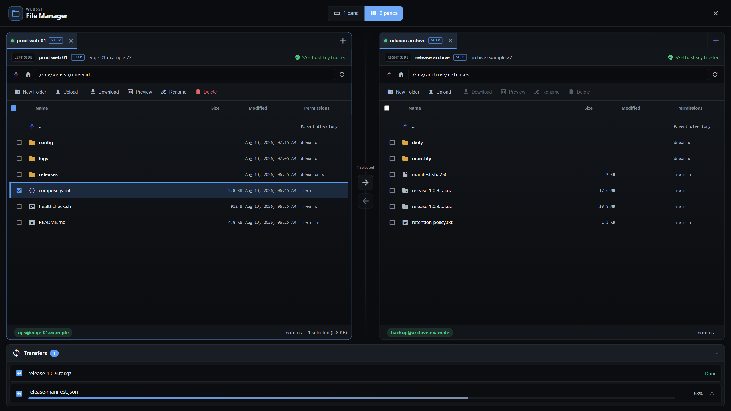 WebSSH dual-pane file manager with SFTP sources and a transfer queue